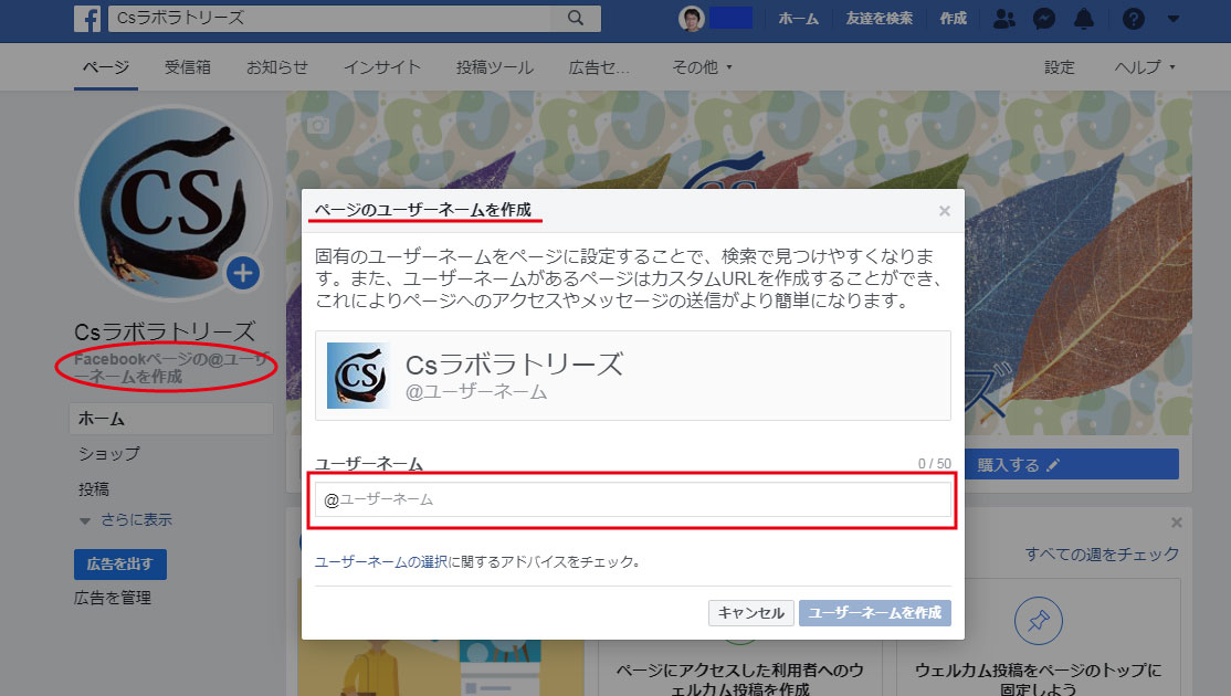 Sns Facebookページの設定 1 プロフィール画像とカバー画像の設定 ユーザーネームの作成 Csラボはなかなかだす